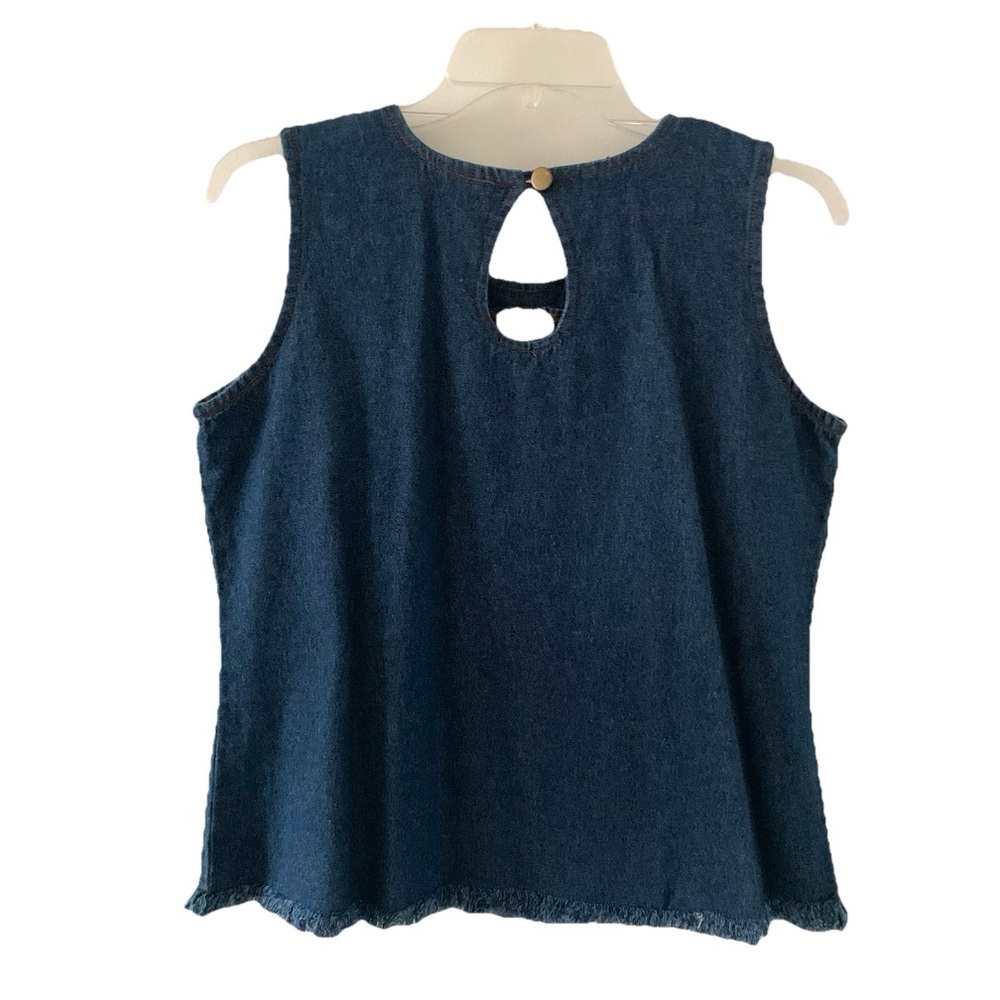 Le Mieux Women’s Sleeveless Blue Denim Top Fringe Hem Sz L - Picture 2 of 9